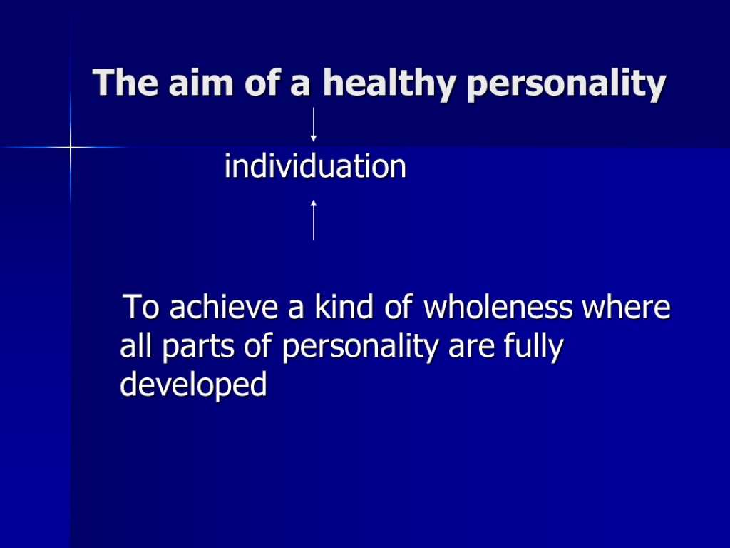 The aim of a healthy personality individuation To achieve a kind of wholeness where
